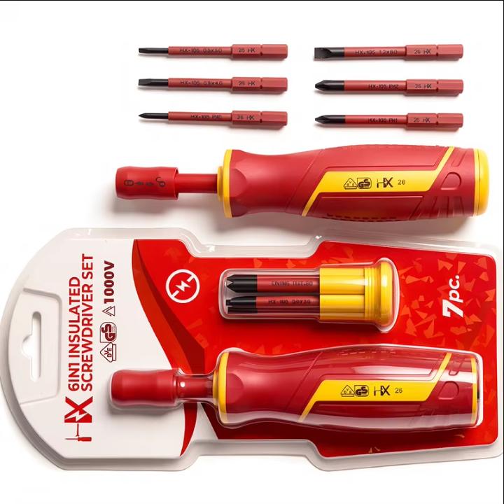 1000V Geïsoleerde Schroevendraaierset Magnetische Kruiskop Platte Bits Verwisselbaar Elektricien Schroevendraaierset voor Elektrische Reparatie, 7/11 stuks Optioneel 7-pieces in 1 set brown