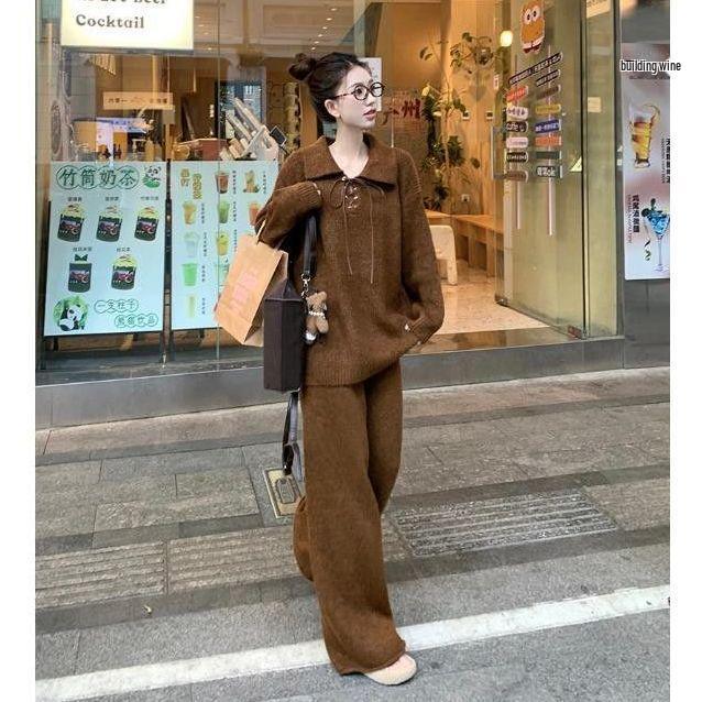 

Комплект вязаного свитера и широких брюк на шнуровке в корейском стиле на осень/зиму XL (recommended 67.5-72.5 kg)