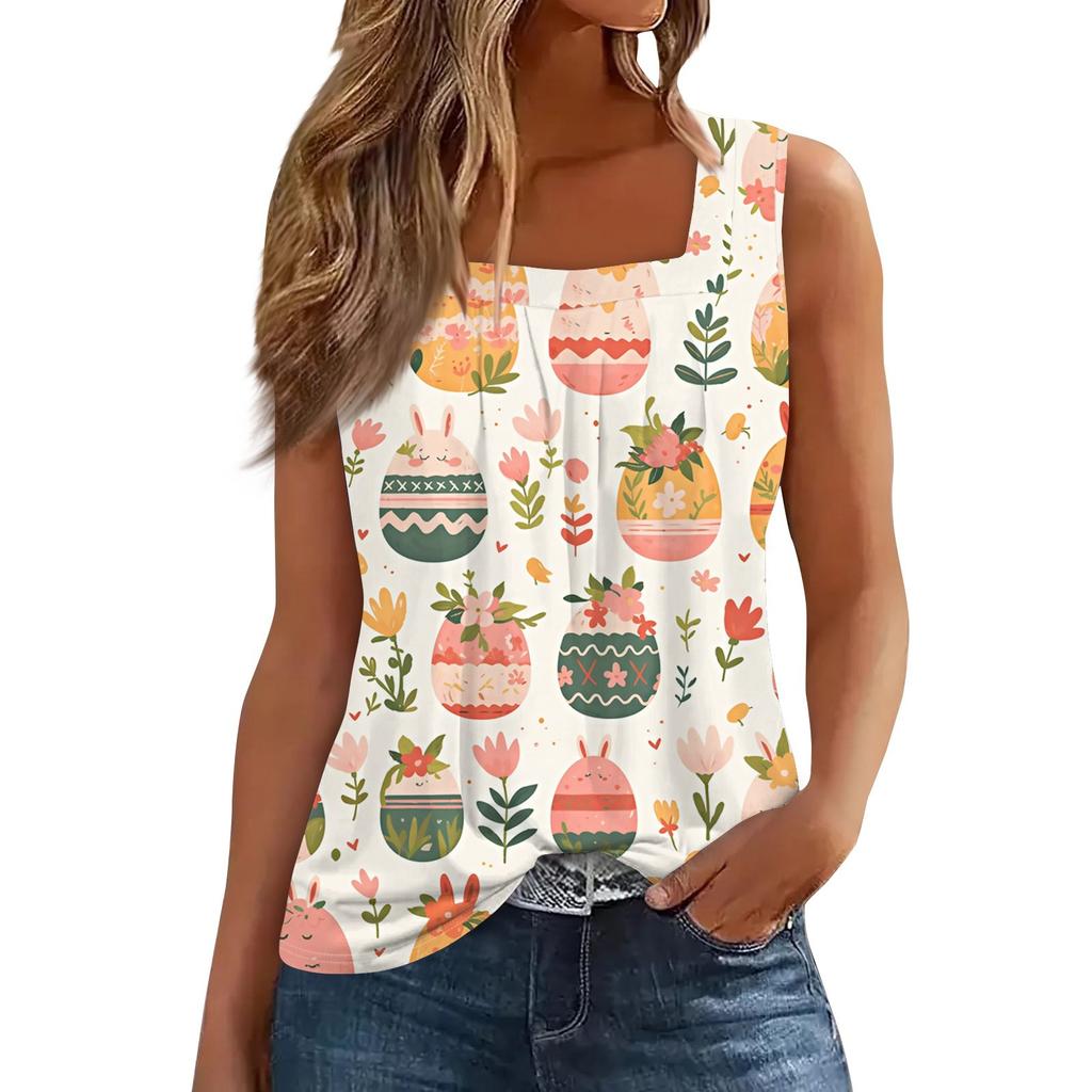 Women's Fashion Casual Pleated Square Collar Sleeveless Vest Print Summer T-shirt