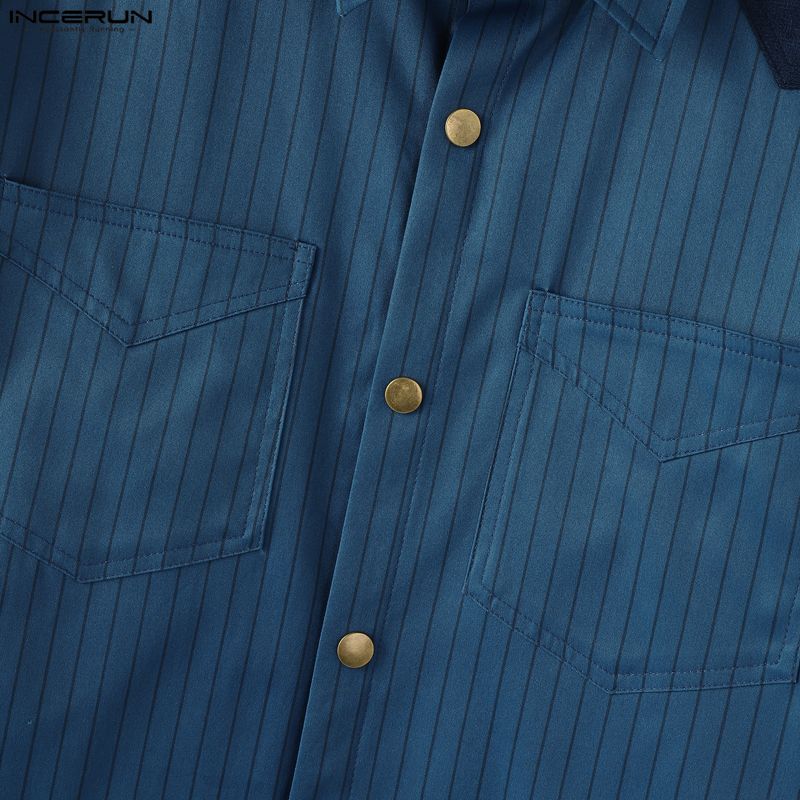 INCERUN S-5XL Men Lapel Neck Long Sleee Patchwork Striped Print Buttons Down Shirts