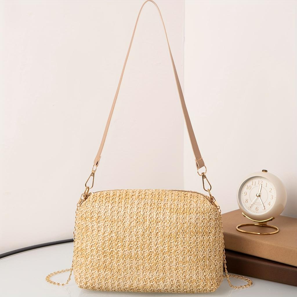 Casual Woven Handbag, Simple Solid Color, High-Quality Daily Fashion, Shoulder & Crossbody Bag with Chain Strap