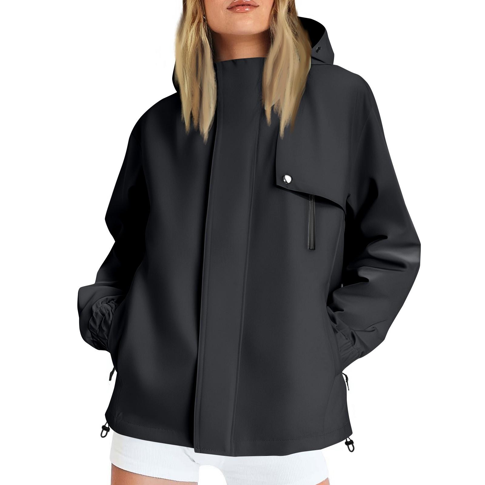 

Women Solid Stripe Rain Jacket Outdoor Plus Waterproof Hooded Raincoat Windproof XXL чорний