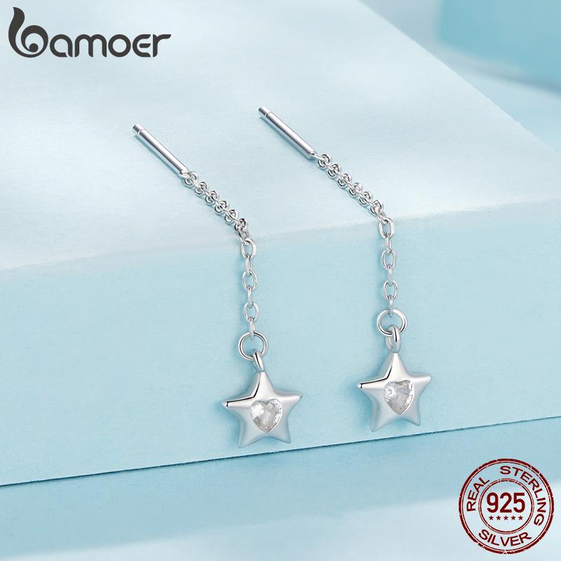 BAMOER 925 Sterling Silver Snowflake Droplet Dangle Earrings for Women Teens Elegant Long Dangling Earrings Threader Tassel