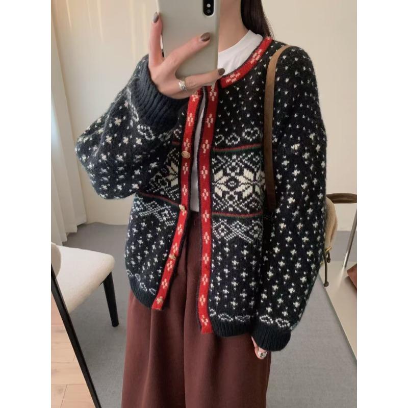 Cardigan tricotat retro leneș pentru toamna și iarna femeilor, nou, moale, ceros, de Crăciun, cu culori contrastante, cu gât rotund, jachetă pulover pentru femei