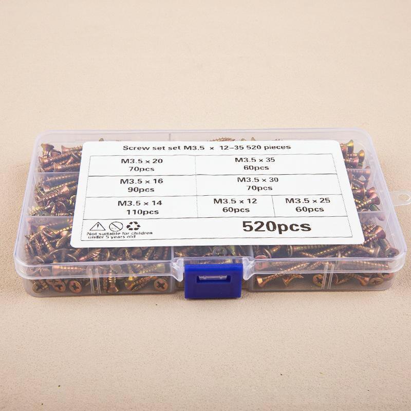 520Pcs M3.5 Countersunk Head Self-Tapping Screws Kit Color Galvanized Screw Set For Woodworking Industrial Home Decoration