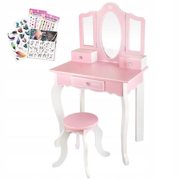 Grande Coiffeuse En Bois Rose Pour Enfant Avec Triple Miroir, Tabouret Et Stickers (GS3303)