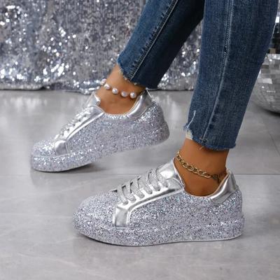Fashion Women's Glitter Vulcanized Casual Ostentatious Shoes Women's Fashion Flat Platform with Mesh Cords Comfortable Sporty Shoes