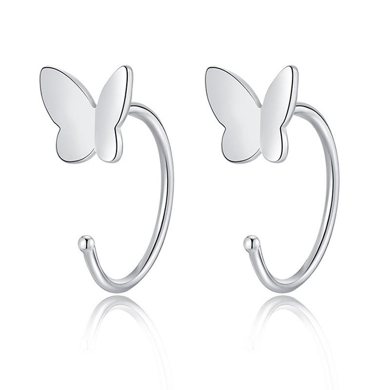 1Pair Butterfly Heart Star Round Shape Ear Clip Silver Color Hoop Earrings For Women Girls Opening Hoops Earring Jewelry