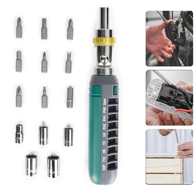Convenient 14 in 1 Magnetic Screwdriver Set Ratcheting, and Adjustable Angle for Furniture, Home Appliances, DIY