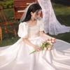 Get the certificate and register the small white dress evening dress women's summer banquet engagement dress French satin white dress light 