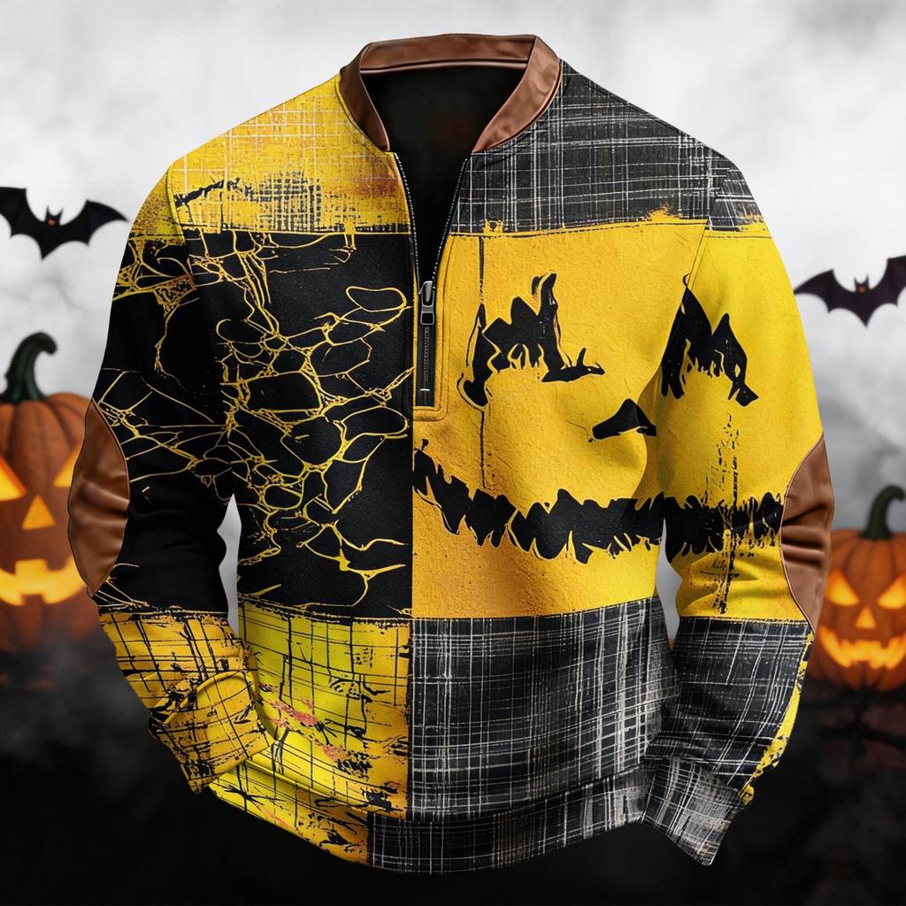 Men's Casual Retro Half Zip Long Sleeve Sweatshirt with Halloween Print