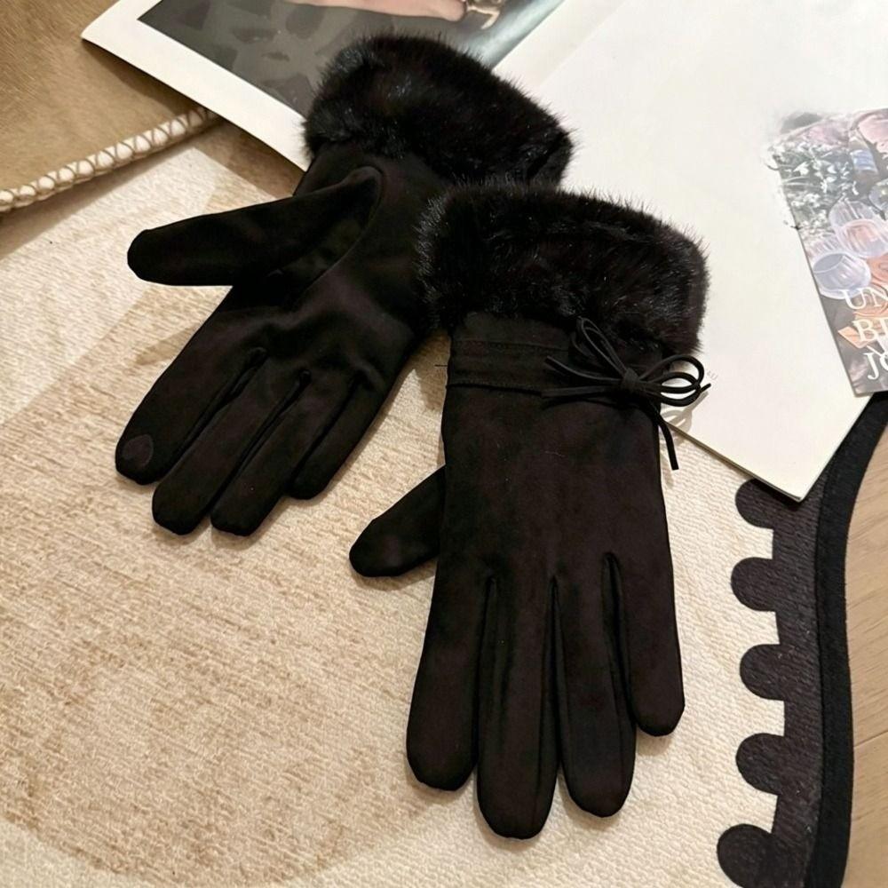 One Size Fleece Lined Gloves Bow Decoration Winter Thick Warm Gloves Faux Fur Gloves Driving