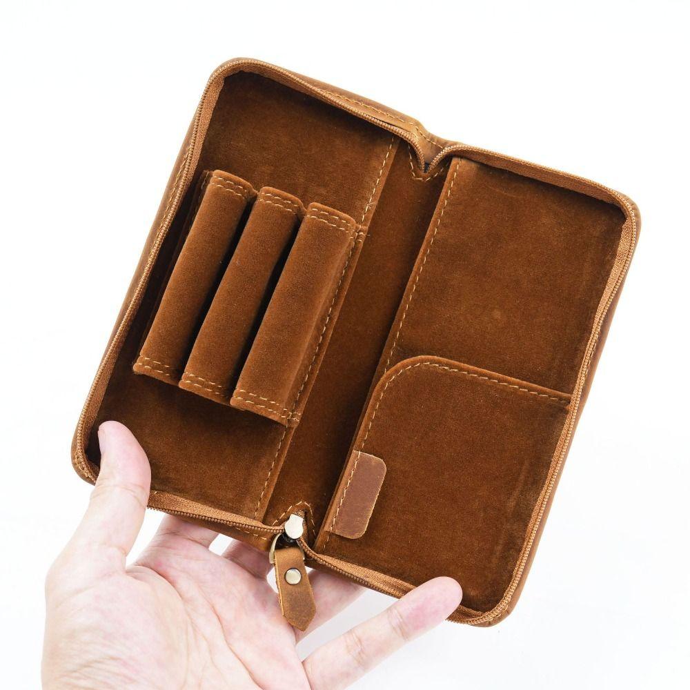 Top Layer of Cowhide Cowhide Pen Case Zipper Closure Card Holder Pen Pouch Handmade Large Capacity Pen Holder Organizer