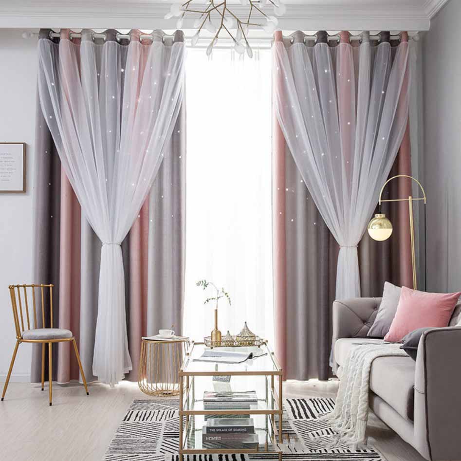 Gradient Striped Blackout Curtains Dual-Layer Sheer & Fabric Grommet Top All-in-One Window Drapes Home Decor