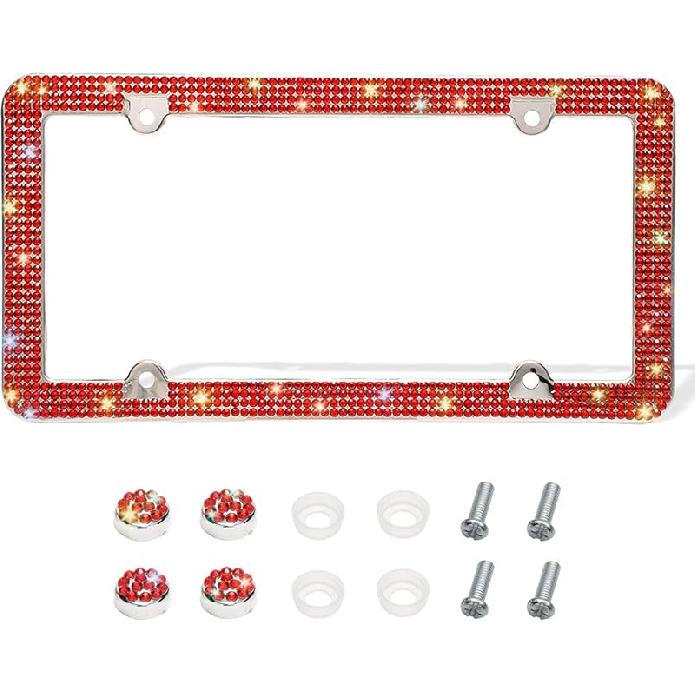 Otostar Bling License Plate Frame, Handcrafted 4 Rows Shiny Rhinestones Stainless Steel 4 Holes License Plate Frame With Anti-Theft Screws Caps Set