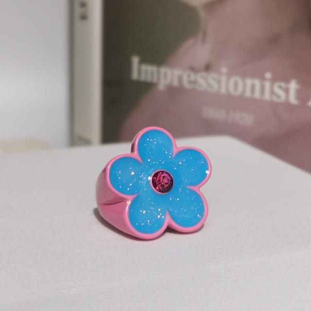 Colorful Glitter Enamel Flower Rings Y2K Fashion Floral Big Chunky Cocktail Ring for Women Girls Party Jewelry Ins Trendy New