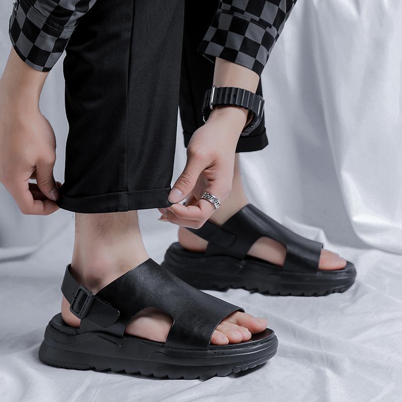Fashion Men Sandals Summer 2025 New Casual Leather Outdoor Walking Shoes Non-slip Open-toe Platform Sandals Comfy Soft Roman Slides