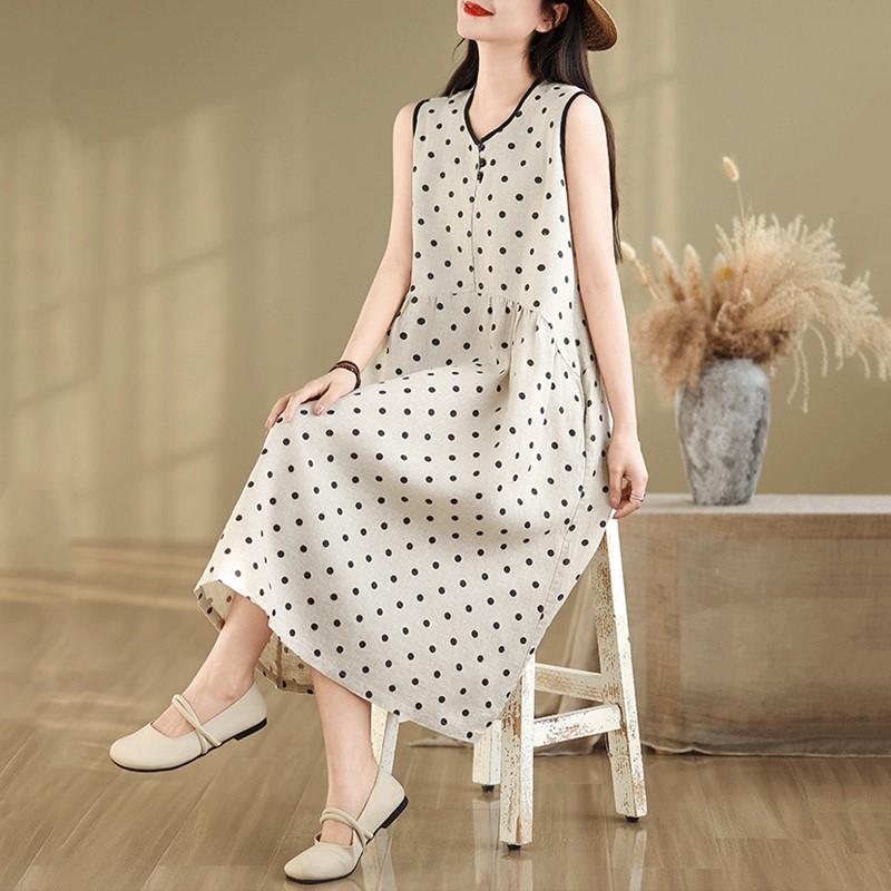 Sleeveless Plus Size Cotton Linen Vintage Dot New In Dresses for Women Casual Loose Long Summer Dress