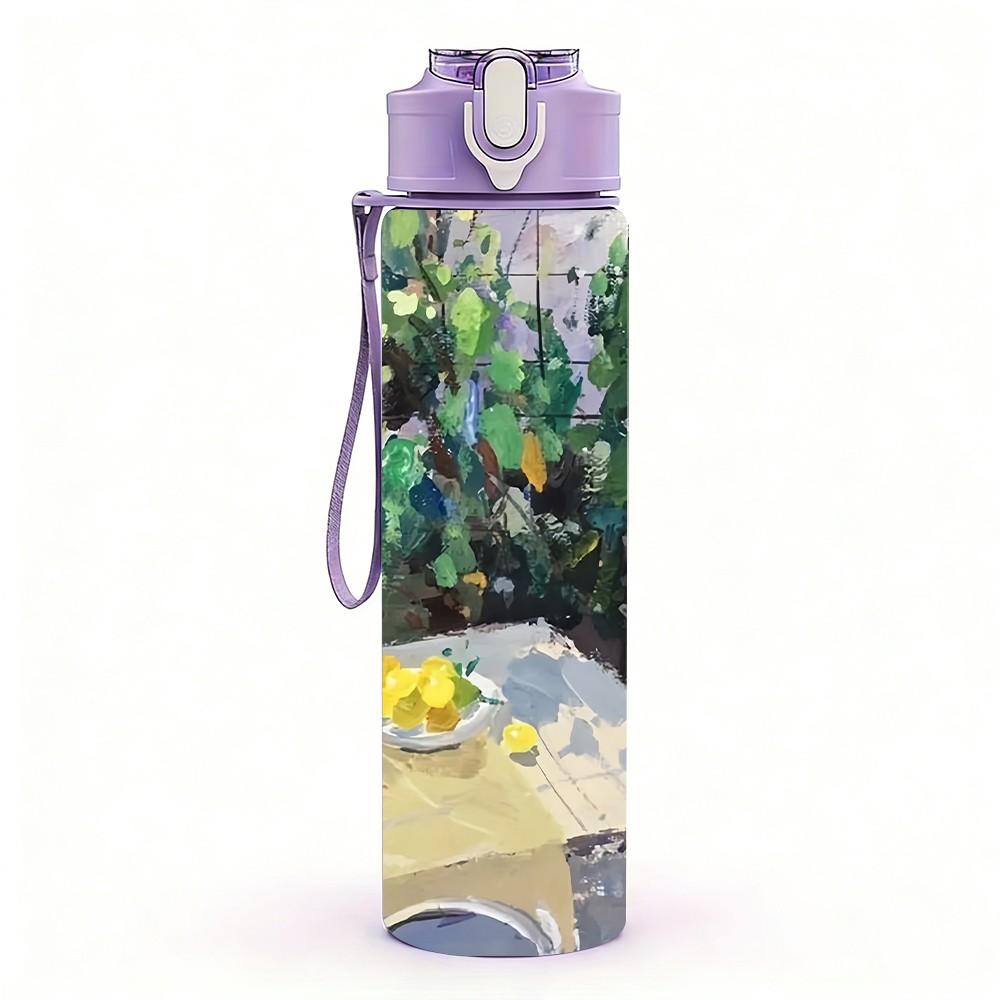 1PC Outdoor Table Picnic Garden Scene Illustration 750ml Color Plastic Sports Water Bottle Leakproof Flip Straw Lid Suitable for Sports Office Use