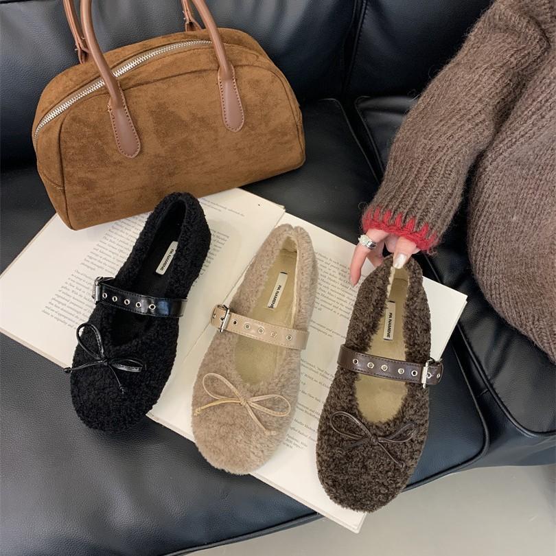 2025 autumn and winter comfortable versatile round head soft sole cotton shoes bow belt buckle flat bottom fluffy shoes
