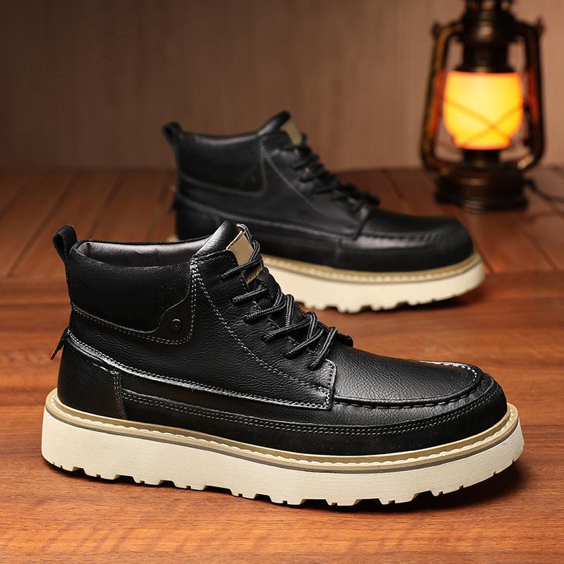 Men's Retro High-Top Leather Martin Boots - Winter Warmth, Thick Sole, Height Increasing, British Style for Autumn Trend.