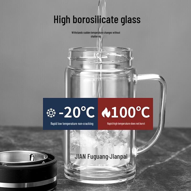 FUGUANG Double-Layer Heat-Resistant Glass Tea Cup with Handle and Filter