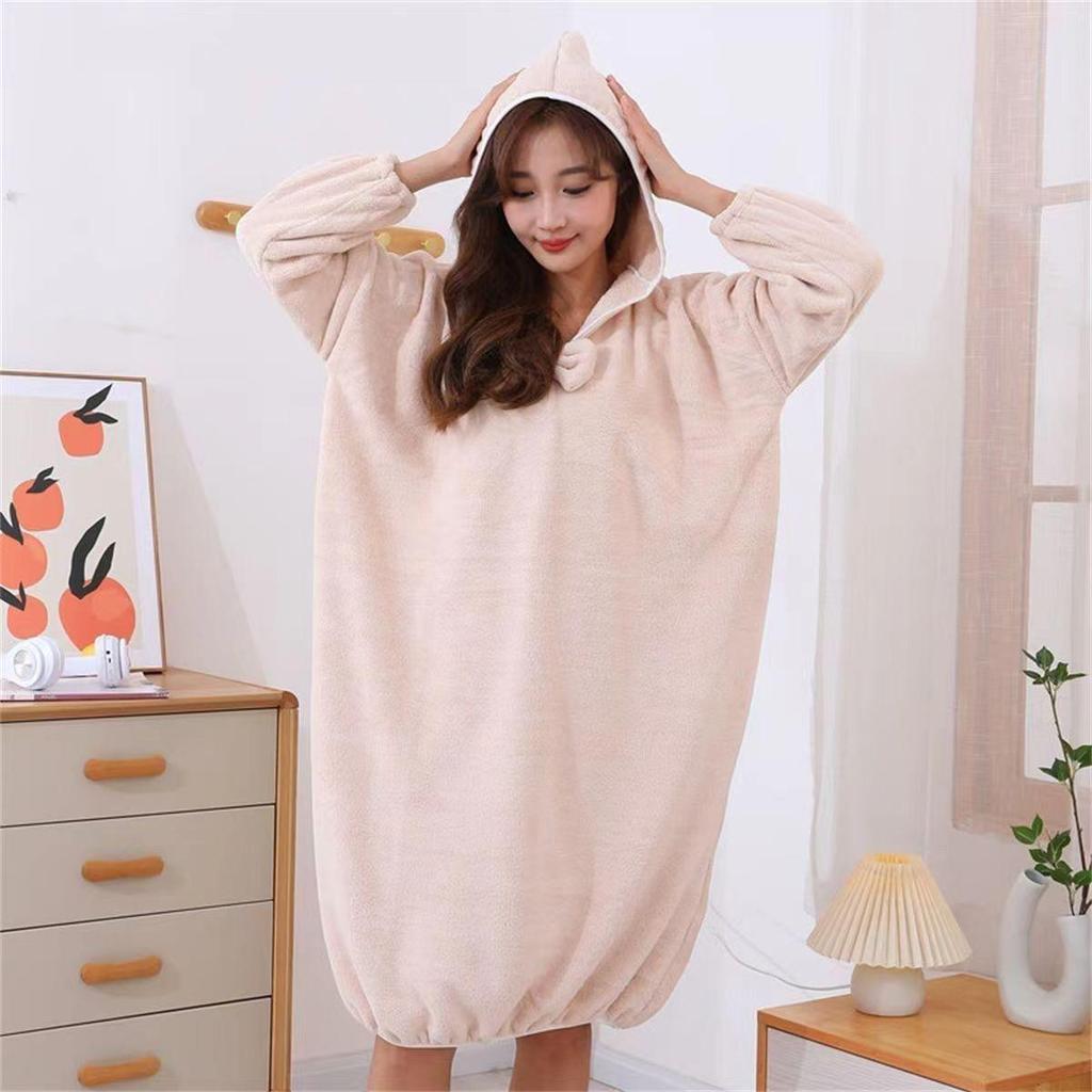 Winter Wearable Ladies' Hooded Coral Fleece Bathrobe - Absorbent, Thick, Soft Long-Sleeve Bath Skirt