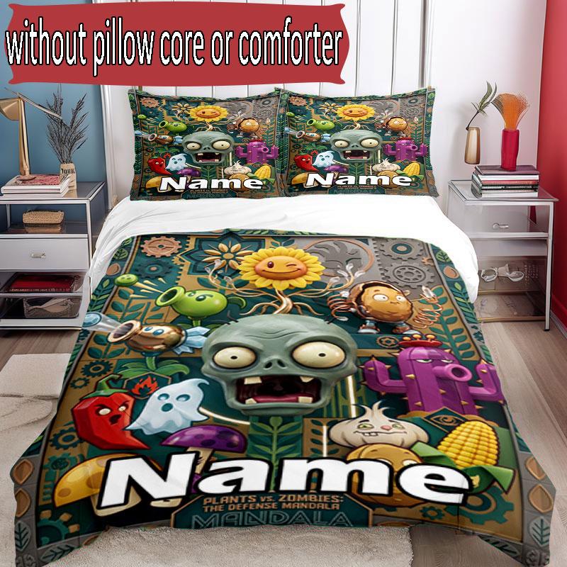 3pcs Duvet Cover Set (1*Duvet Cover + 2*Pillowcase, Without Core), Custom Name Plants VS Zombies Pattern Bedding Set, Home Bedroom Decor Gift