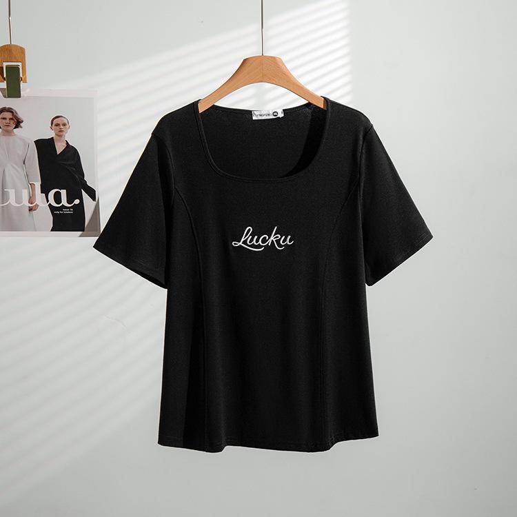 Summer 2026 Plus Size U-Neck Embroidered Short Sleeve Women s Top - Versatile & Stylish 4XL (Weight 150-180 Jin) чёрный