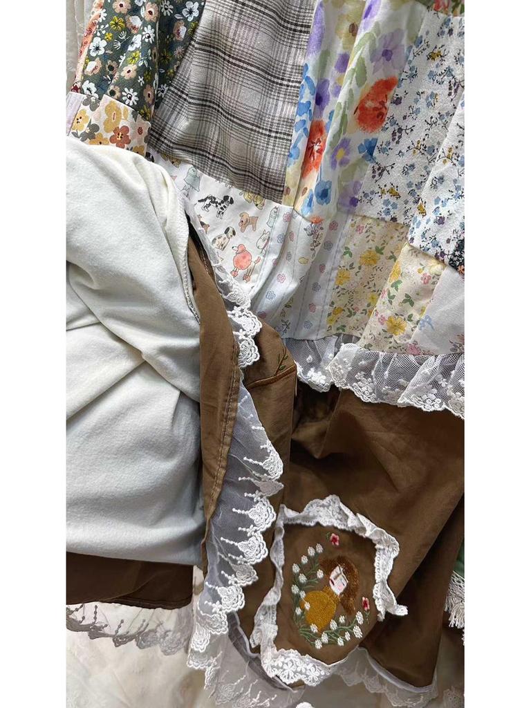 2025 Autumn Women's Plaid Floral Patchwork Fleece-Lined High-Waisted Midi Skirt in Japanese Rural Style