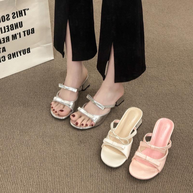 Bow thick heel slippers women's summer wear 2025 new with skirt one-word sandals beautiful French high heels