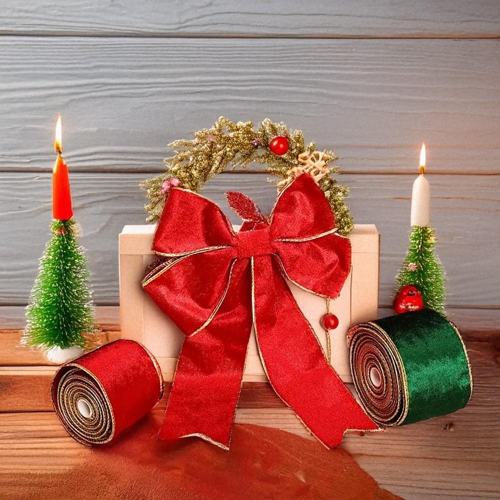 Set of two gold edged flocking fabric ribbons suitable for Christmas tree decoration and holiday craft projects