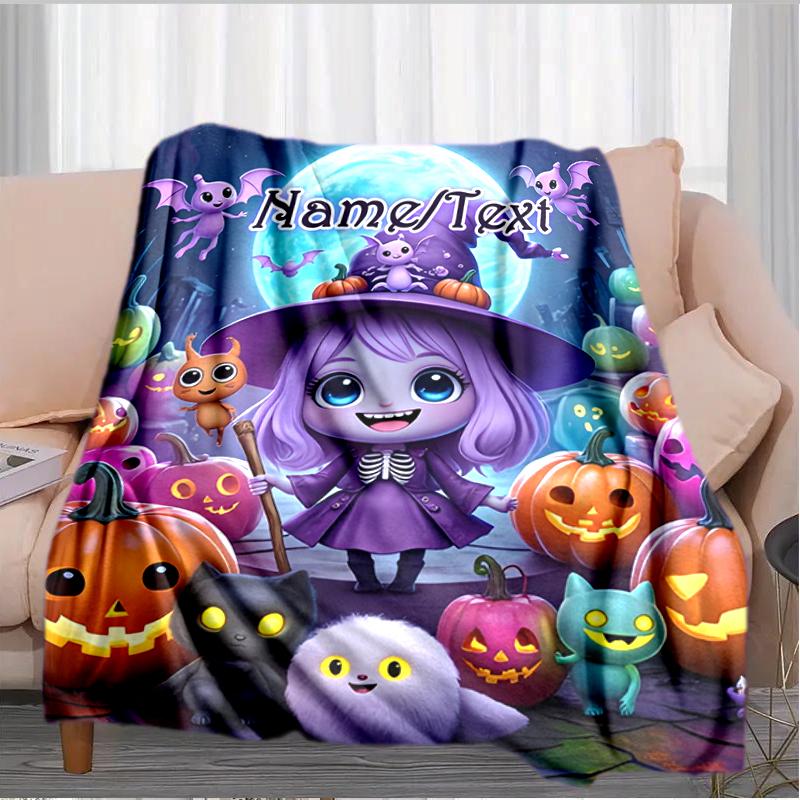 1PC Custom Name Halloween Night Adventure flannel blanket versatile,all-season throw suitable for the living room,bedroom,camping,travel,and gift