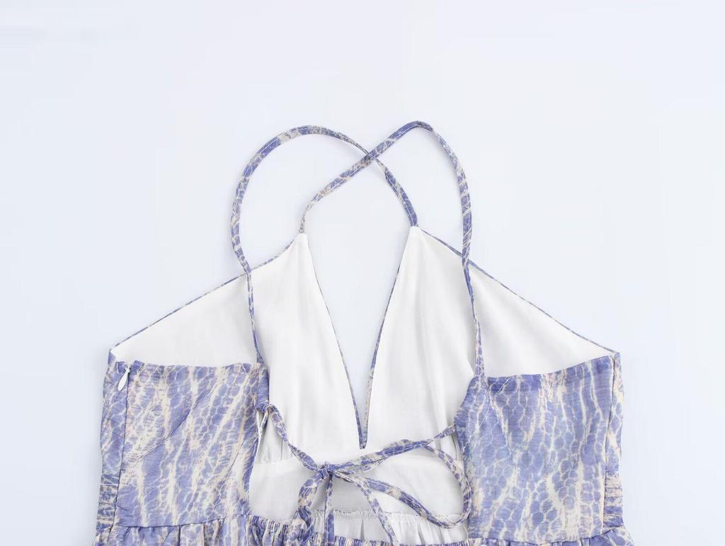 2025 Spring/Summer Sexy Backless V-Neck Spaghetti Strap Chiffon Print Dress