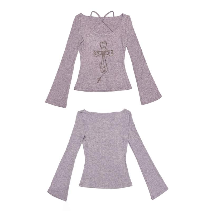 Japonské pletené topy Y2k Grunge Estetika Trička Flare Rukáv Vintage Harajuku Fialová úplet American Retro 2000s