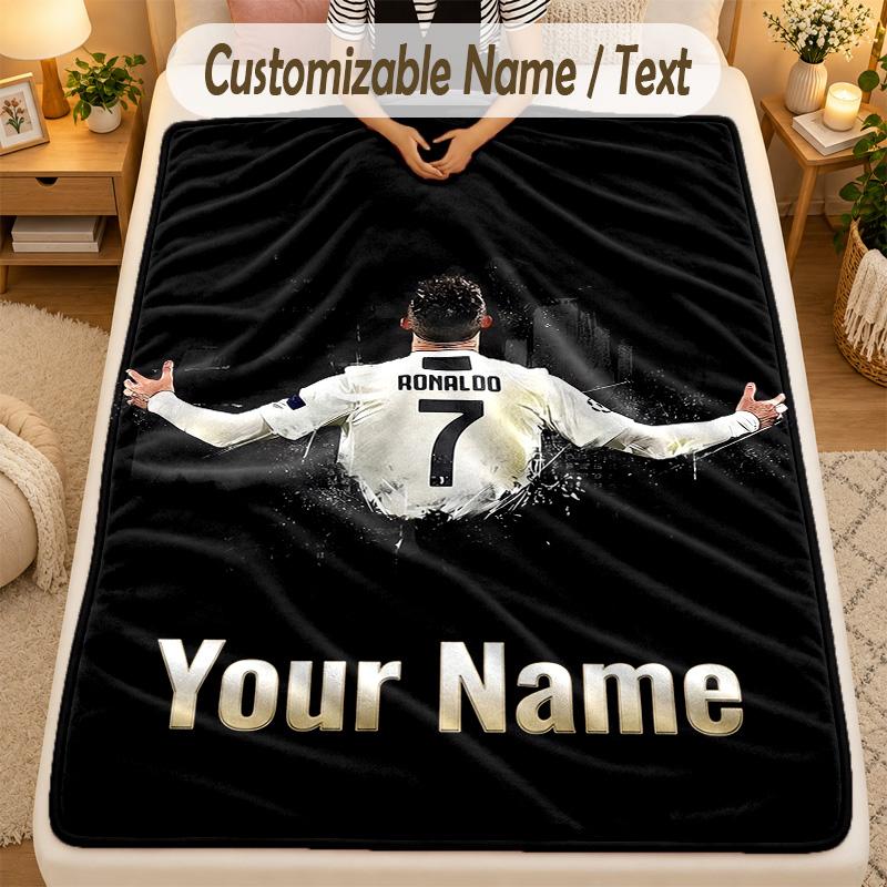 Flannel BlanketCristiano Ronaldo Custom Name Text Personalized Soft Warm Throw Blanket Home Decor Gift