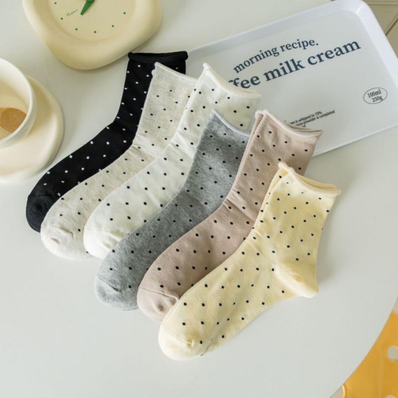 Trendy Rolled-up Polka Dot Mid-calf Socks, Summer Thin Student Girlish Pile Socks, Mid-calf Women's Socks