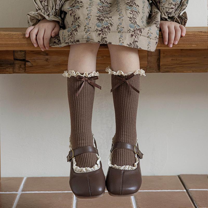 

Retro Lace Bow Sock for Kids Girls Sweet Beige Coffee Color Bow Sock for Children Spring Autumn Cotton School Sock one size кавовий