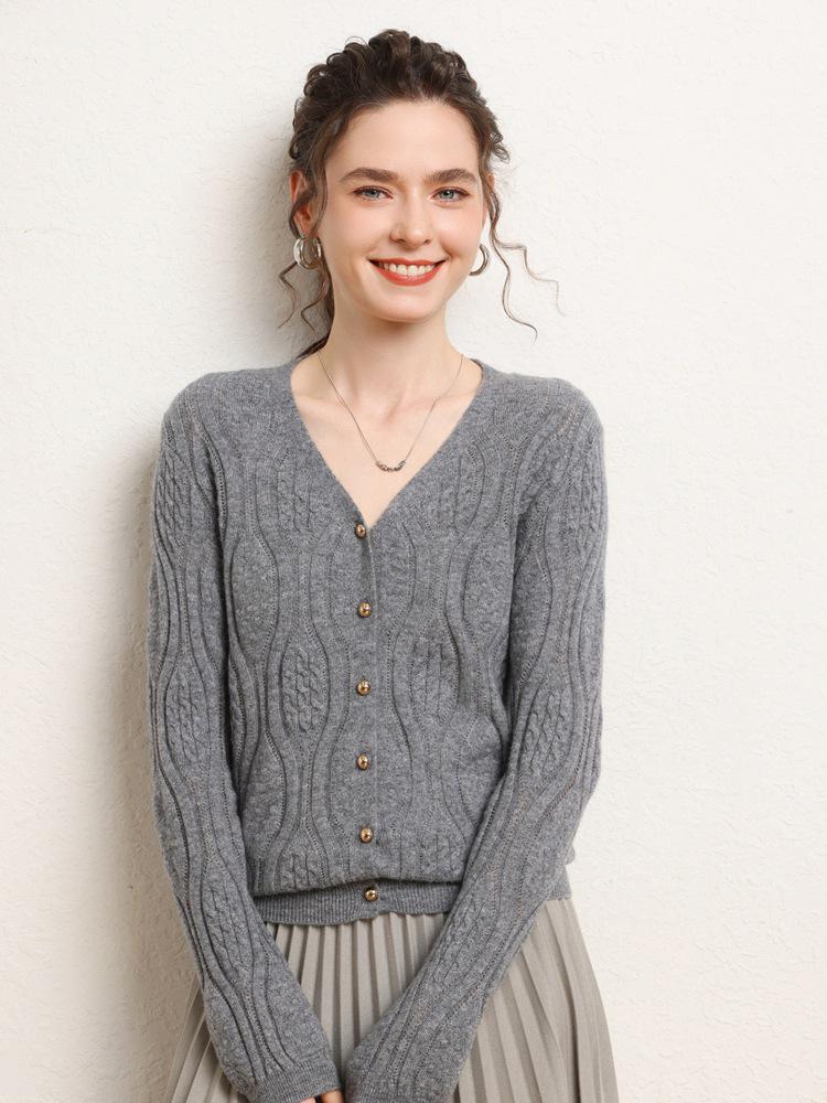 2024 Autumn/Winter Slimming V-Neck Hollow Knit Cashmere Cardigan