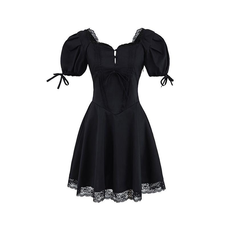 

Ballet Hymn Babyboo French style Sweet Red Square Collar Lace Waist Hugging Slimming Puff sleeve Dress Black XS