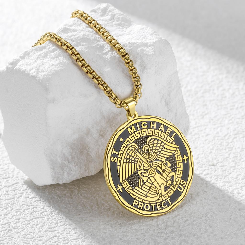 St. Michael Protect Us Pendant Necklace for Men Women Stainless Steel Archangel Medallion Religious Christian Amulet Jewelry