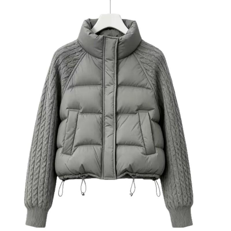 European and American knitted sleeves splicing down jackets women's short winter fashion stand-up collar warm white duck down tops are popular
