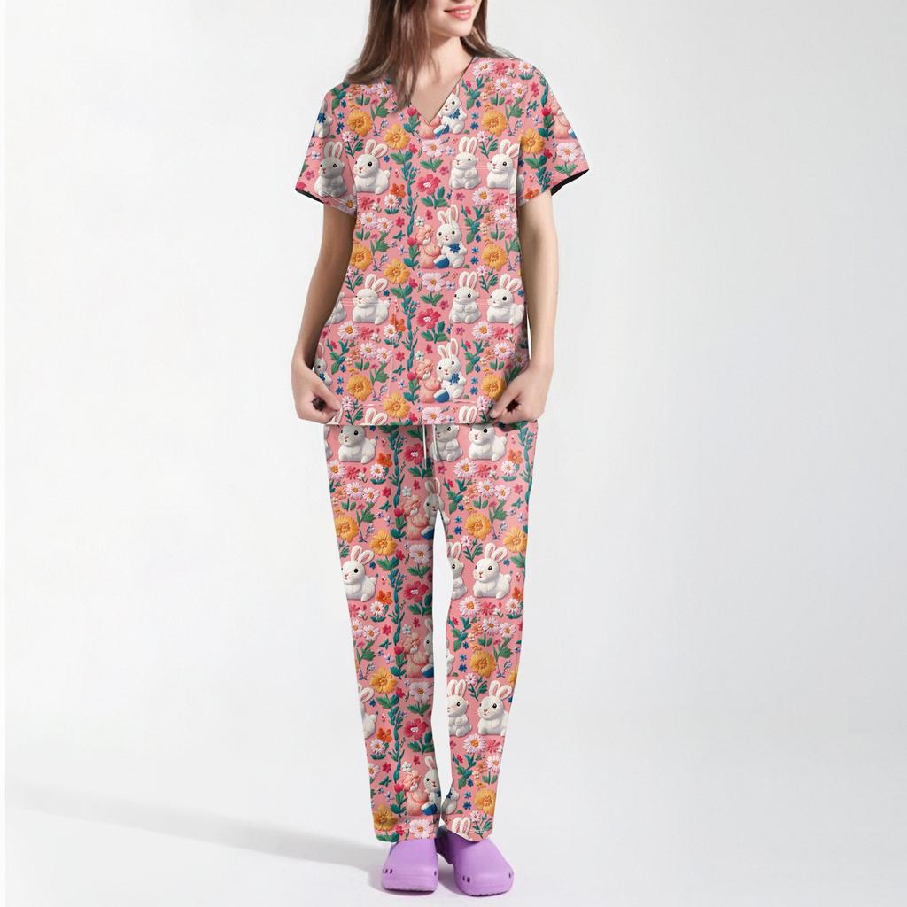 Women's Printed Uniform Work Uniform V-Neck Pocket Protective Work Uniform