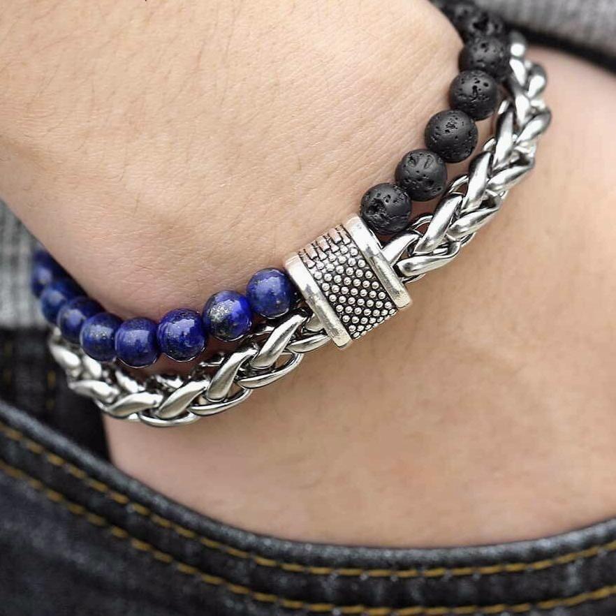 Double Layers Stone Beaded Bracelet Men's Bracelet Lava Lapis Lazuli Beaded Stainless Steel Link Chain Bangle