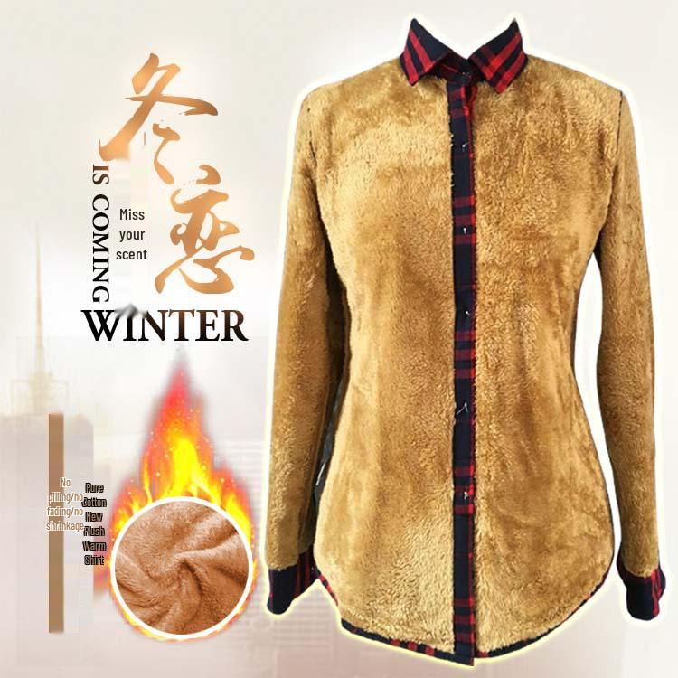 Women's 2025 Winter Slim Fit Cotton Plaid Shirt - Long Sleeve, Fleece Lined, Thick, Versatile, Plus Size