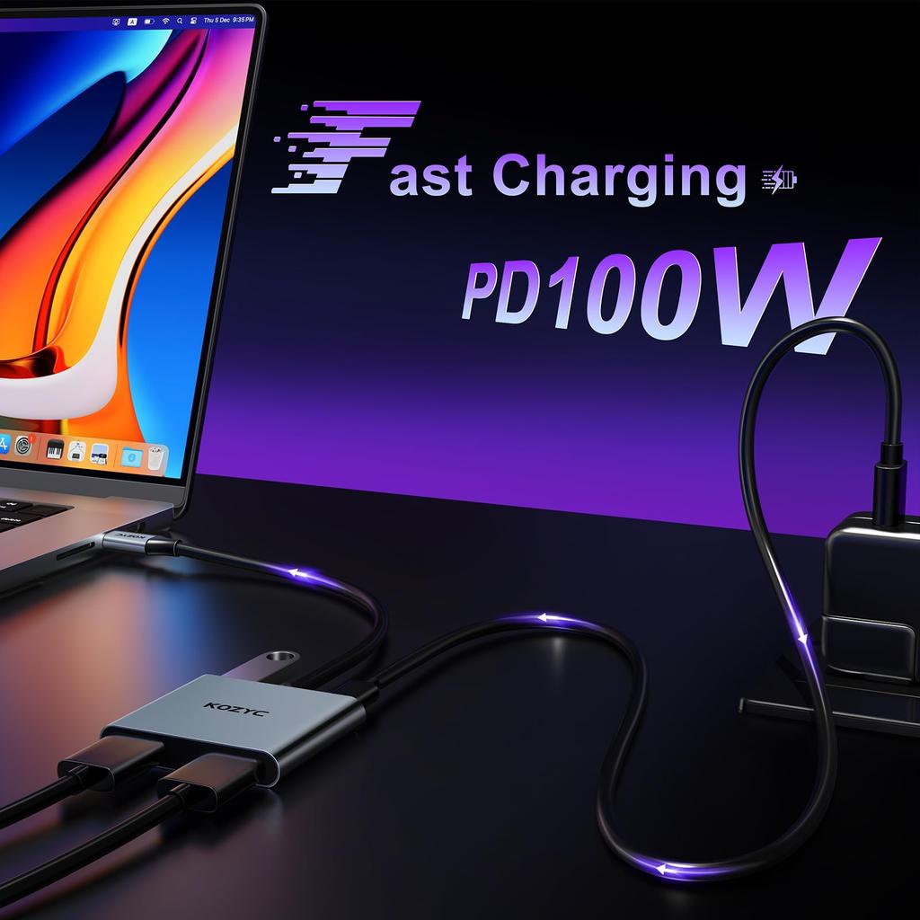 USB C to Dual HDMI Adapter 4K@30Hz, KOZYC USB C Hub Multiport Adapter with 2xHDMI, USB 3.0, 100W PD, Support HDMI Splitter Extended Display