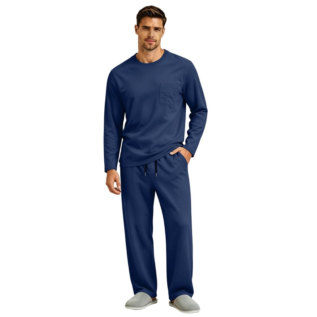 Men's Long Sleeve Pajama Set with Button Fly and Elastic Drawstring Waist for Sleep and