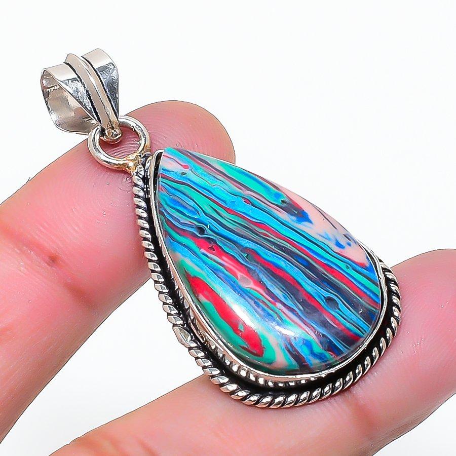 Natural Rainbow Calsilica Gemstone 925 Sterling Silver Pendant 1.77  AP-15226