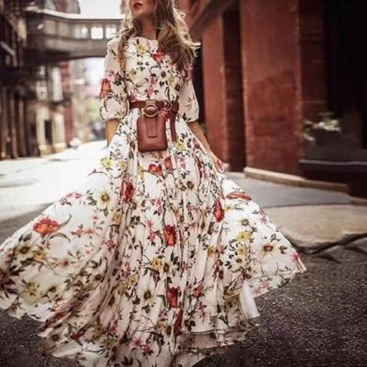 Printed long dress French commuter style retro pendulum round neck floral dress S