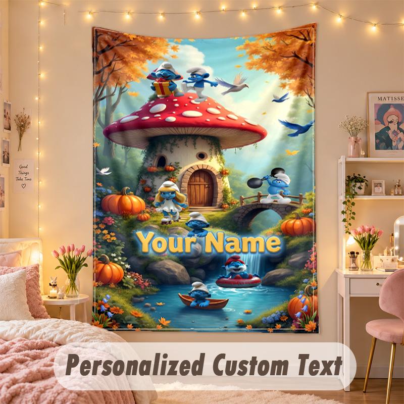 Custom Personalized Tapestry,Smurfs Print Custom Name Text Wall Art Hanging for Bedroom